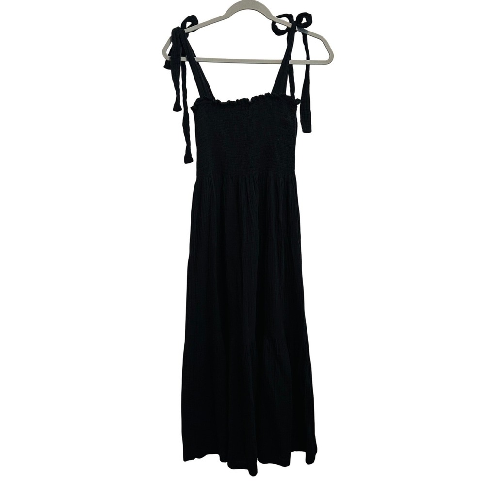 Nothing Fits But M/L Momoka Maxi Dress Black Cotton Gauze Smocked Tie Shoulder